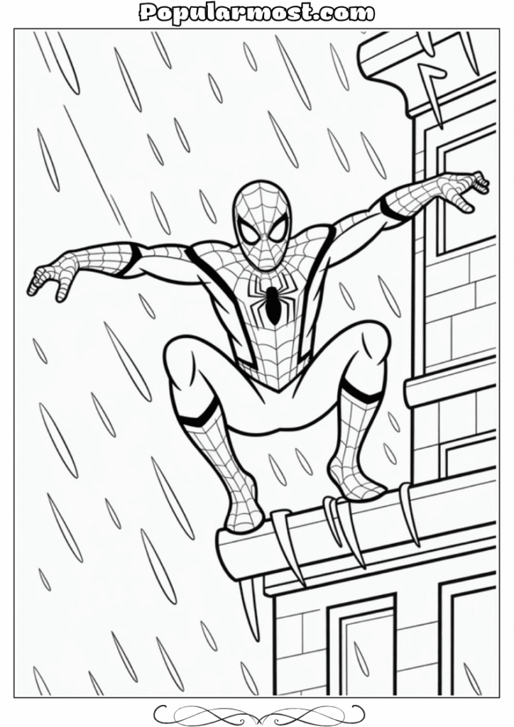 spiderman coloring pages 26-Spiderman-Coloring-Pages-Spider-Man-caught-in-a-rainstorm-on-a-building-edge