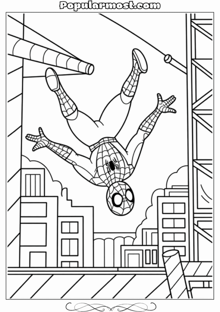 spiderman coloring pages 27-Spiderman-Coloring-Pages-Spider-Man-performing-flips-through-a-construction-site