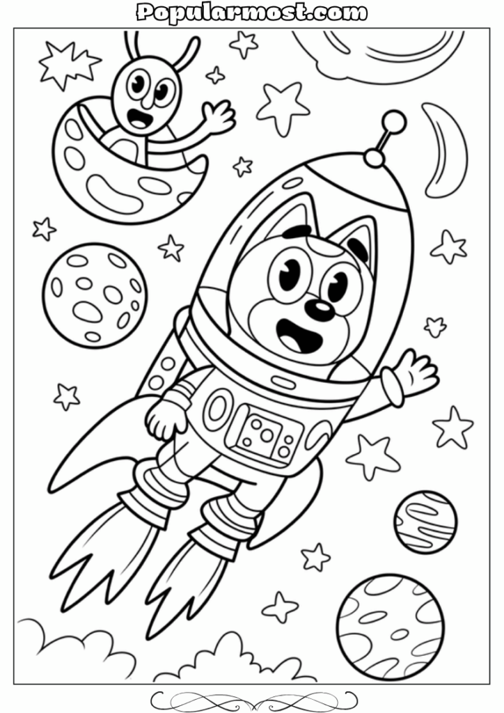 bluey coloring pages 28-Bluey-exploring-outer-space-in-a-rocket-suit-Bluey-Coloring-Pages