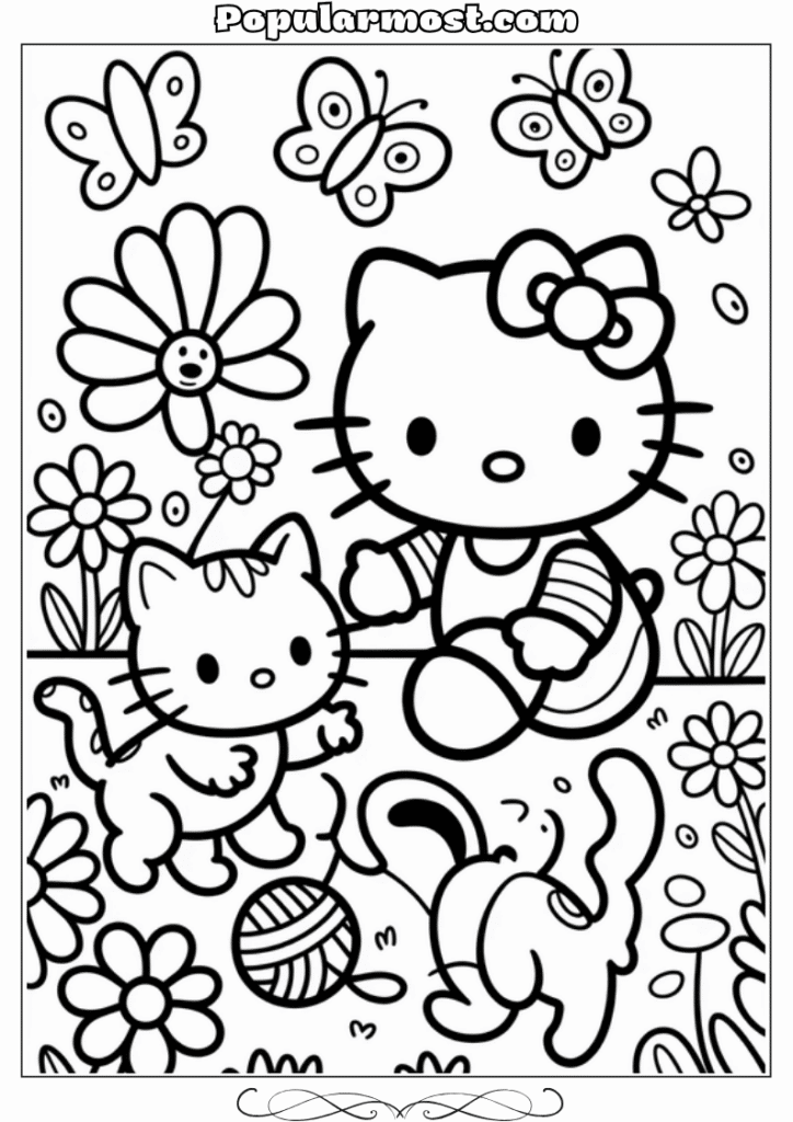 hello kitty coloring pages 28-Hello-Kitty-Coloring-Pages-–-Hello-Kitty-playing-with-her-pet-cat-and-dog