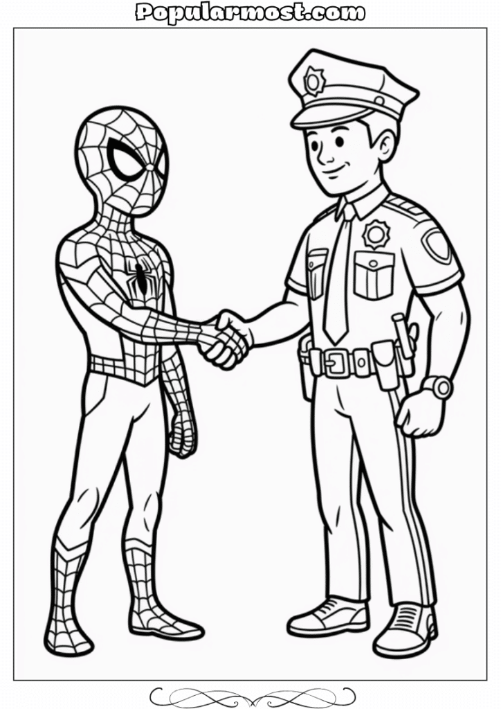 spiderman coloring pages 28-Spiderman-Coloring-Pages-Spider-Man-and-a-police-officer-shaking-hands