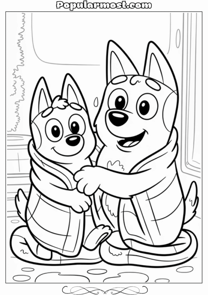 bluey coloring pages 29-Bluey-and-Bingo-wrapped-in-towels-after-a-bath-Bluey-Coloring-Pages
