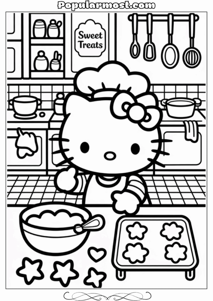 hello kitty coloring pages 3-Hello-Kitty-Coloring-Pages-–-Hello-Kitty-baking-cookies-in-the-kitchen