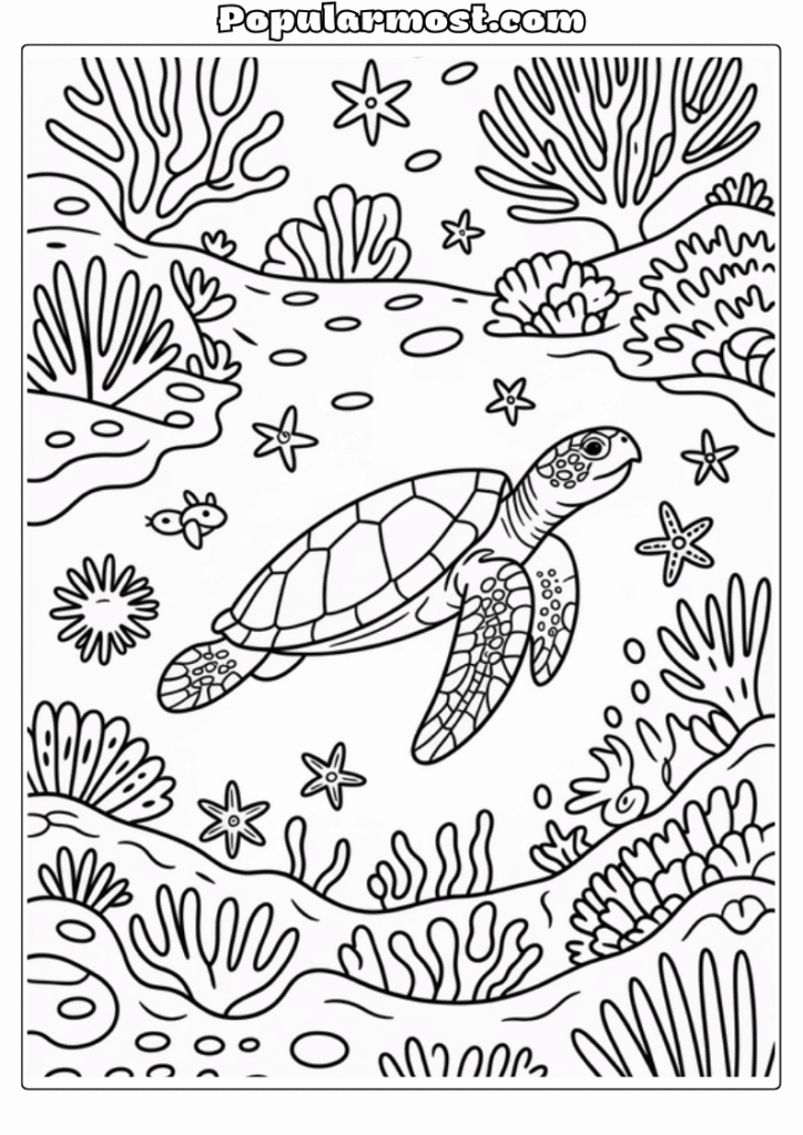 Ocean Coloring Page 3-Ocean-Coloring-Page-Sea-Turtle-Over-Coral-Reef
