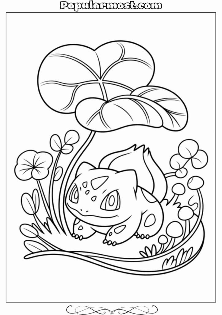 pokemon coloring pages 3-Pokemon-Coloring-Pages-Bulbasaur-resting-under-a-large-leaf