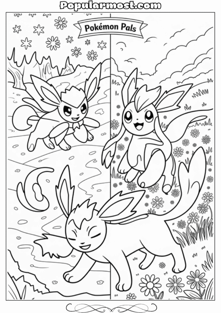 pokemon coloring pages 30-Pokemon-Coloring-Pages-Glaceon-and-Leafeon-playing-in-snow-and-grass