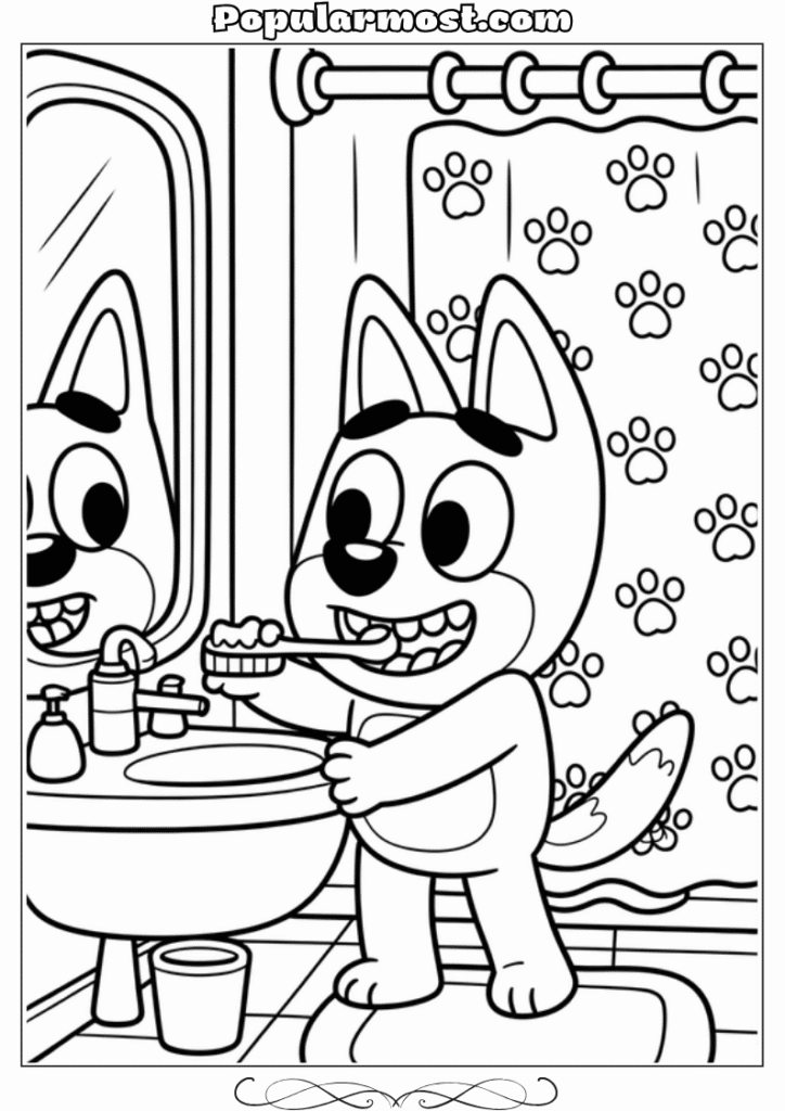 bluey coloring pages 31-Bluey-brushing-her-teeth-in-the-bathroom-Bluey-Coloring-Pages