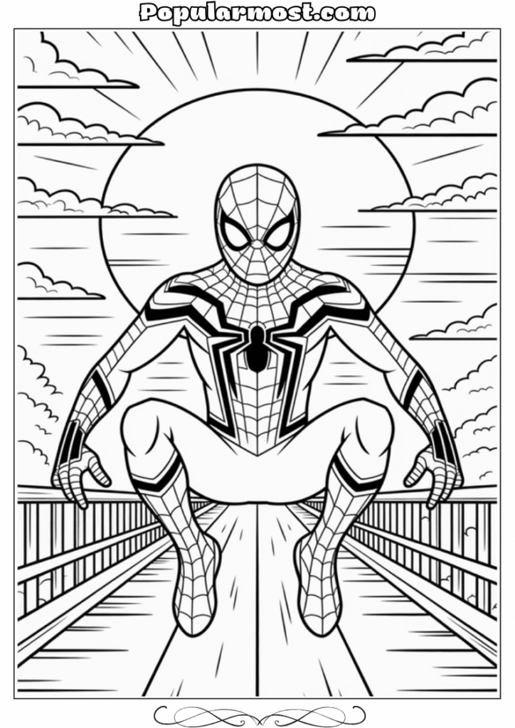 spiderman coloring pages 31-Spiderman-Coloring-Pages-Spider-Man-at-sunset-over-a-bridge