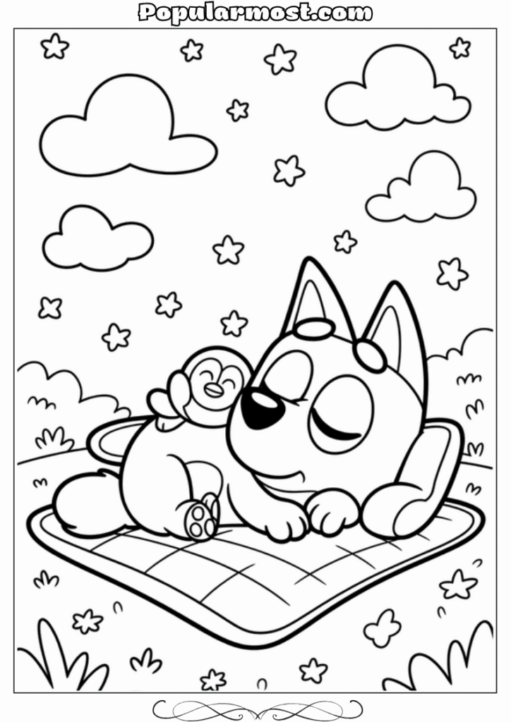 bluey coloring pages 32-Bluey-sleeping-with-a-plush-toy-under-the-stars-Bluey-Coloring-Pages