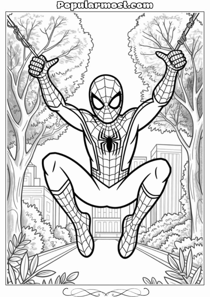 spiderman coloring pages 33-Spiderman-Coloring-Pages-Spider-Man-swinging-through-Central-Park-trees