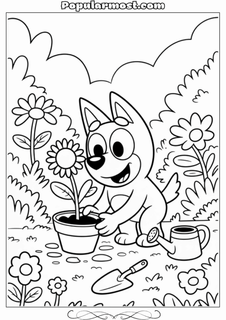 bluey coloring pages 34-Bluey-planting-a-flower-in-the-garden-Bluey-Coloring-Pages