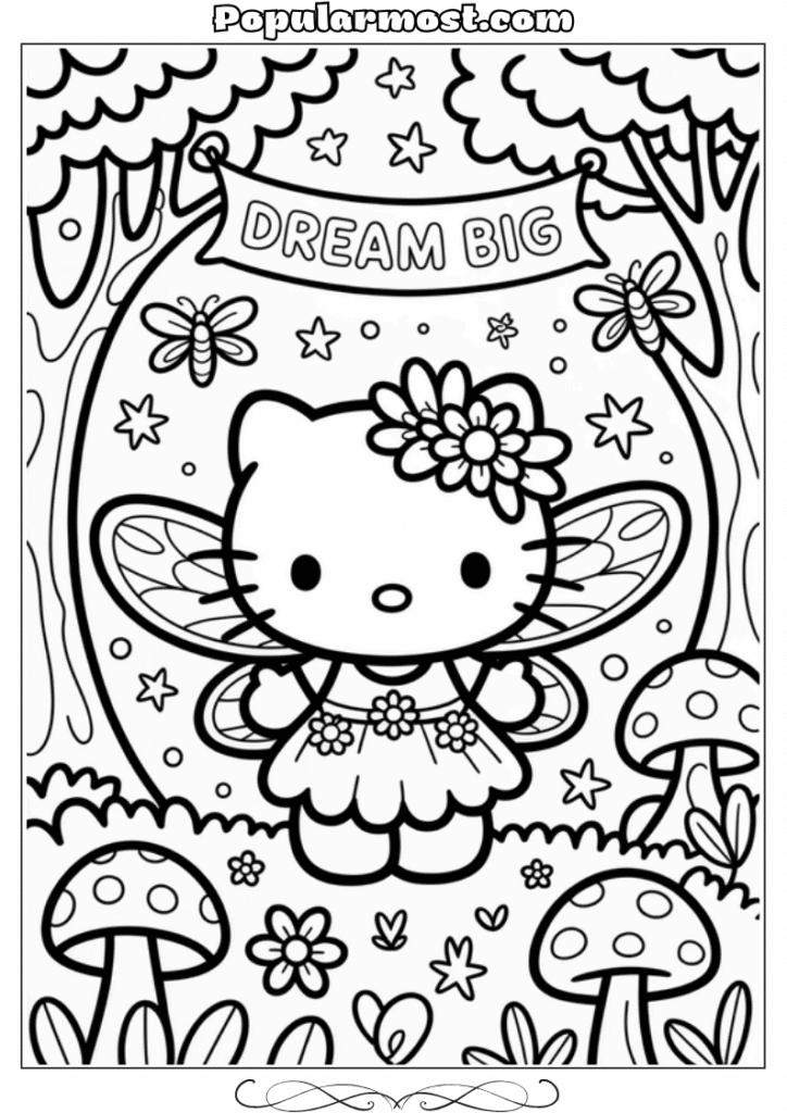 hello kitty coloring pages 34-Hello-Kitty-Coloring-Pages-–-Hello-Kitty-dressed-as-a-fairy-in-a-magical-forest