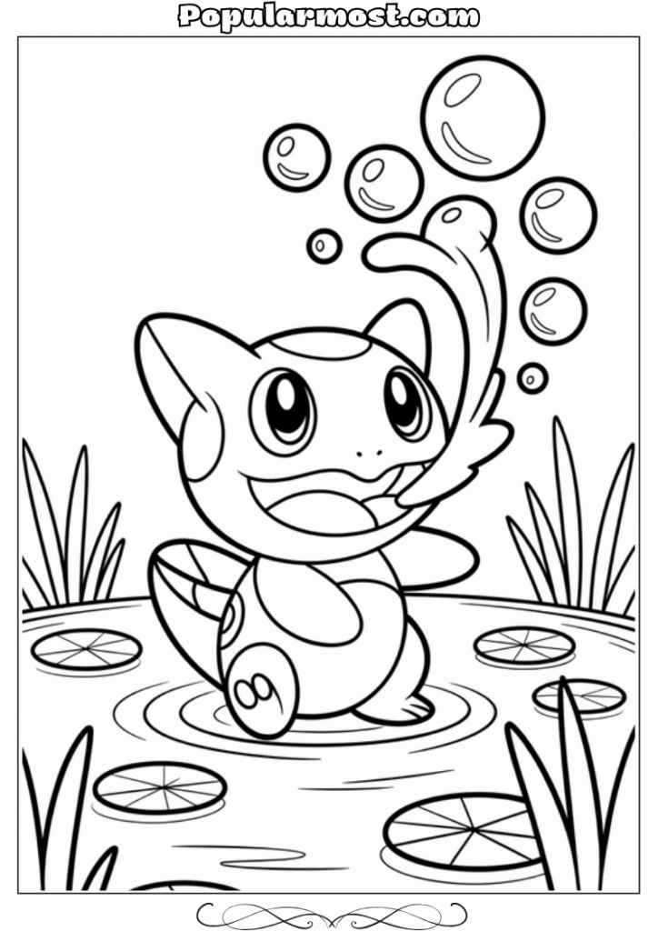 pokemon coloring pages 34-Pokemon-Coloring-Pages-Froakie-blowing-bubbles-near-a-pond