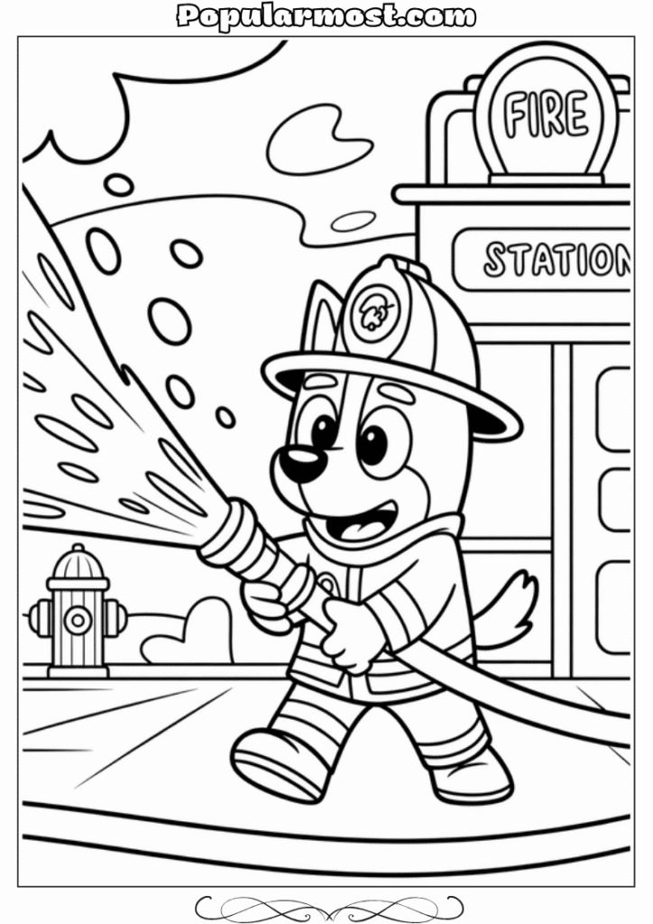 bluey coloring pages 35-Bluey-dressed-as-a-firefighter-spraying-a-hose-Bluey-Coloring-Pages