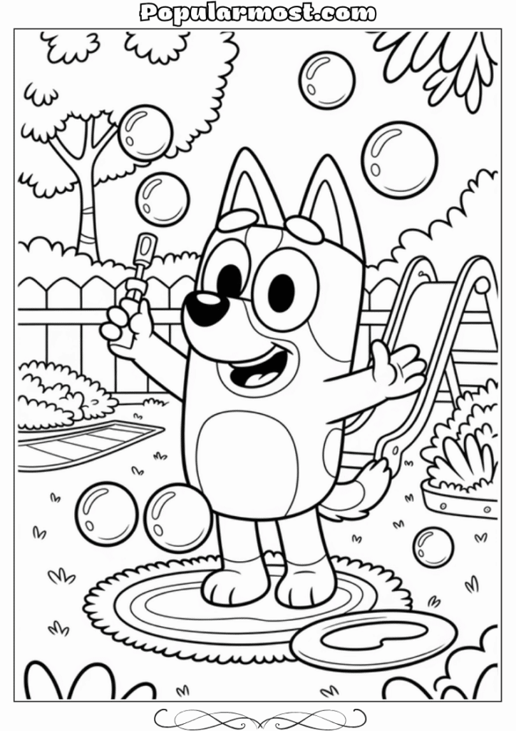 bluey coloring pages 36-Bluey-blowing-bubbles-in-the-backyard-Bluey-Coloring-Pages