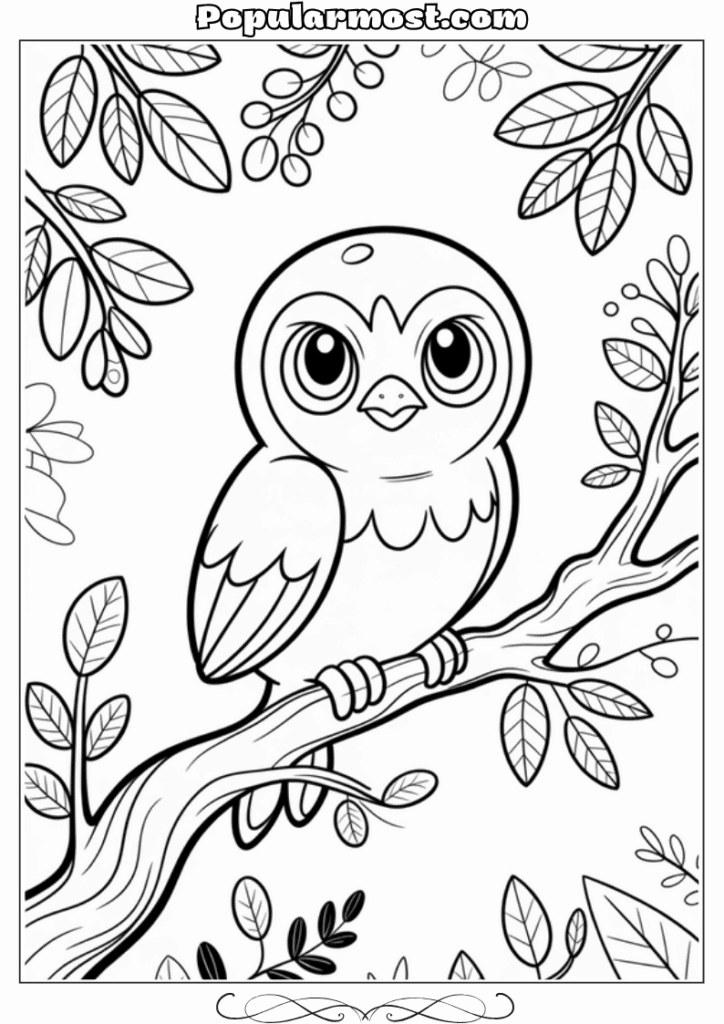 pokemon coloring pages 36-Pokemon-Coloring-Pages-Rowlet-perched-on-a-tree-branch-looking-wise