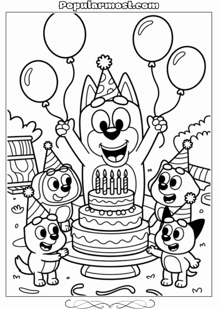 bluey coloring pages 37-Bluey-celebrating-a-birthday-with-cake-and-hats-Bluey-Coloring-Pages