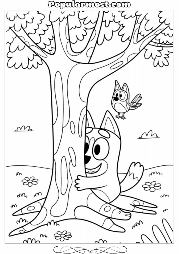 bluey coloring pages 38-Bluey-playing-hide-and-seek-behind-a-tree-Bluey-Coloring-Pages