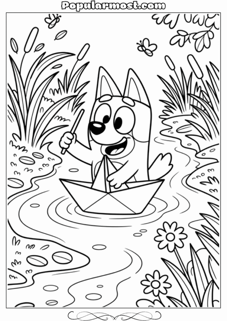 bluey coloring pages 39-Bluey-sailing-a-paper-boat-down-a-stream-Bluey-Coloring-Pages