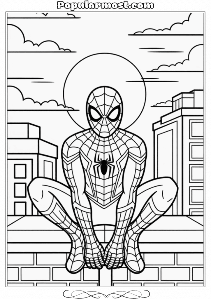 spiderman coloring pages 39-Spiderman-Coloring-Pages-A-superhero-sitting-on-a-rooftop-watching-the-sunset