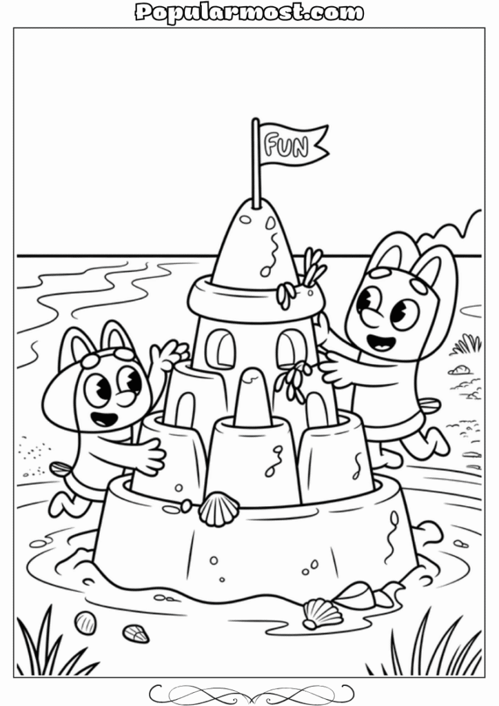 bluey coloring pages 4-Bluey-and-Bingo-building-a-sandcastle-at-the-beach-Bluey-Coloring-Pages