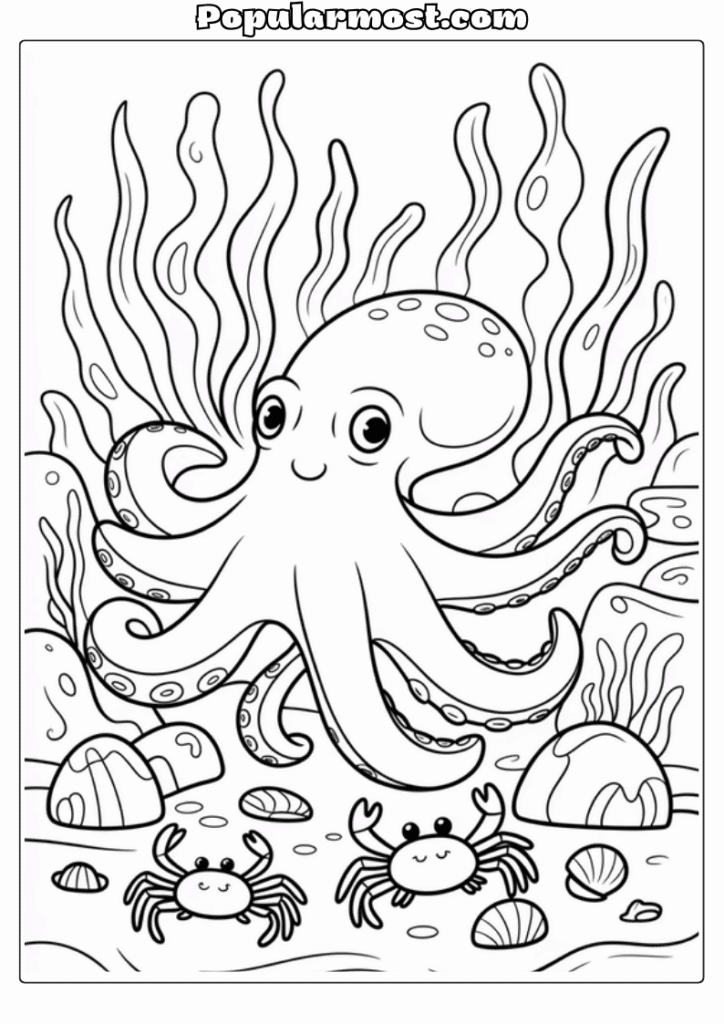 Ocean Coloring Page 4-Ocean-Coloring-Page-Octopus-Hiding-in-Rocks