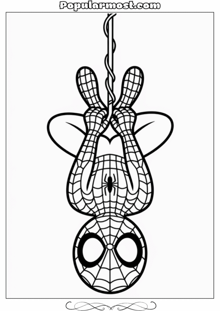 spiderman coloring pages 4-Spiderman-Coloring-Pages-Spider-Man-hanging-upside-down-from-a-web-with-a-curious-expression