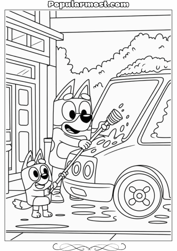 bluey coloring pages 40-Bluey-helping-her-dad-wash-the-car-Bluey-Coloring-Pages