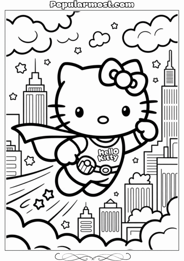 hello kitty coloring pages 40-Hello-Kitty-Coloring-Pages-–-Hello-Kitty-dressed-as-a-superhero-flying-over-the-city