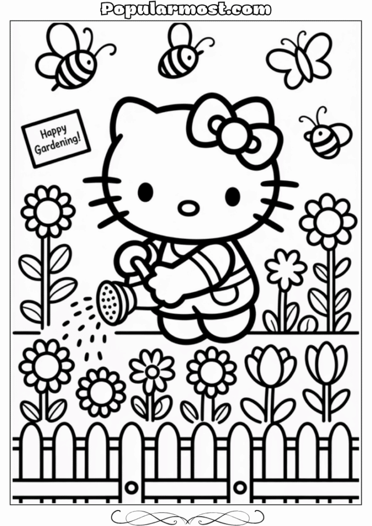 hello kitty coloring pages 5-Hello-Kitty-Coloring-Pages-–-Hello-Kitty-watering-flowers-in-a-garden