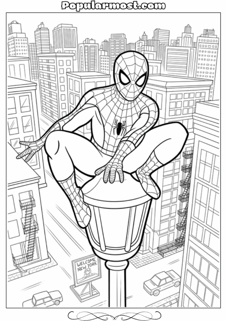 spiderman coloring pages 5-Spiderman-Coloring-Pages-Spider-Man-perched-on-a-streetlamp-overlooking-the-city