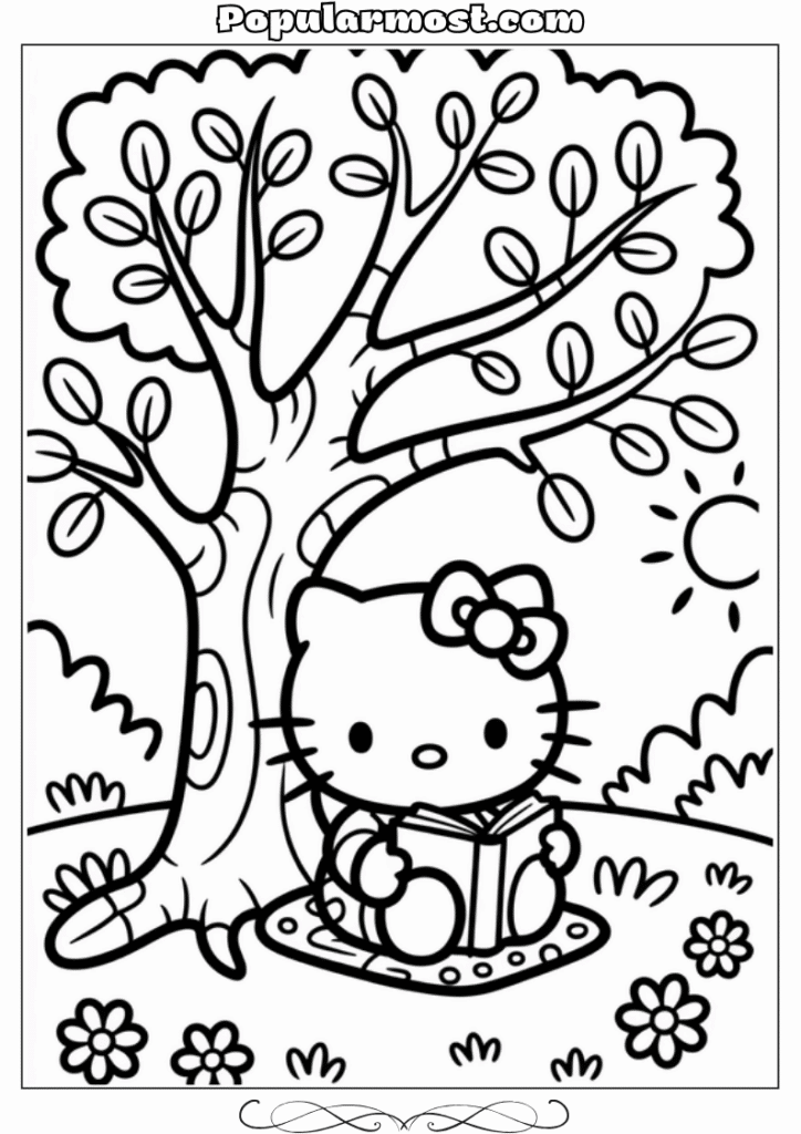 hello kitty coloring pages 6-Hello-Kitty-Coloring-Pages-–-Hello-Kitty-reading-a-book-under-a-tree