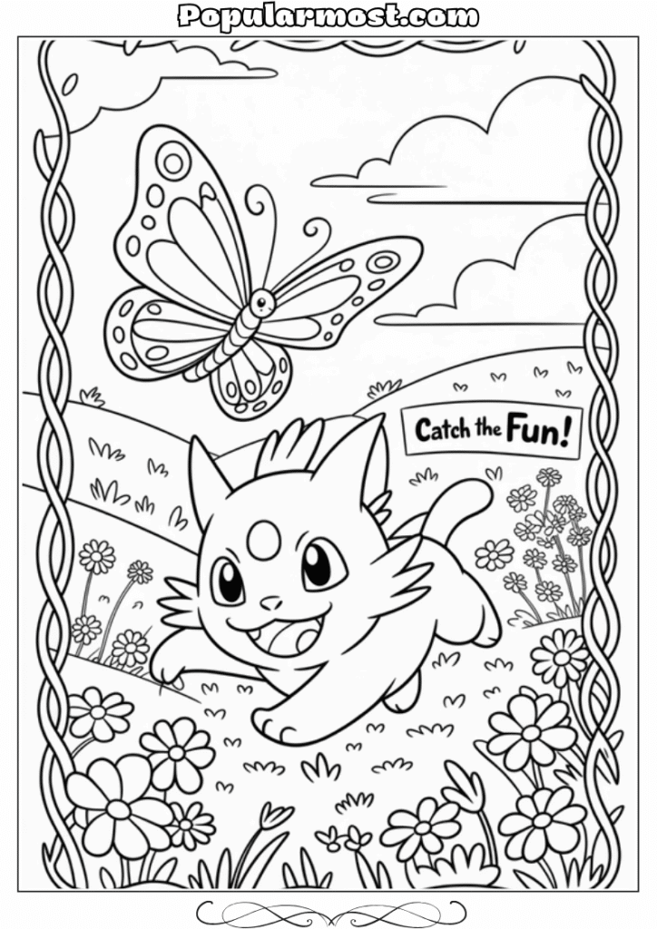 pokemon coloring pages 6-Pokemon-Coloring-Pages-Meowth-chasing-a-butterfly