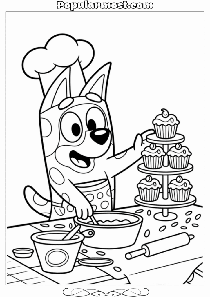 bluey coloring pages 7-Bluey-wearing-a-chefs-hat-and-baking-cupcakes-Bluey-Coloring-Pages