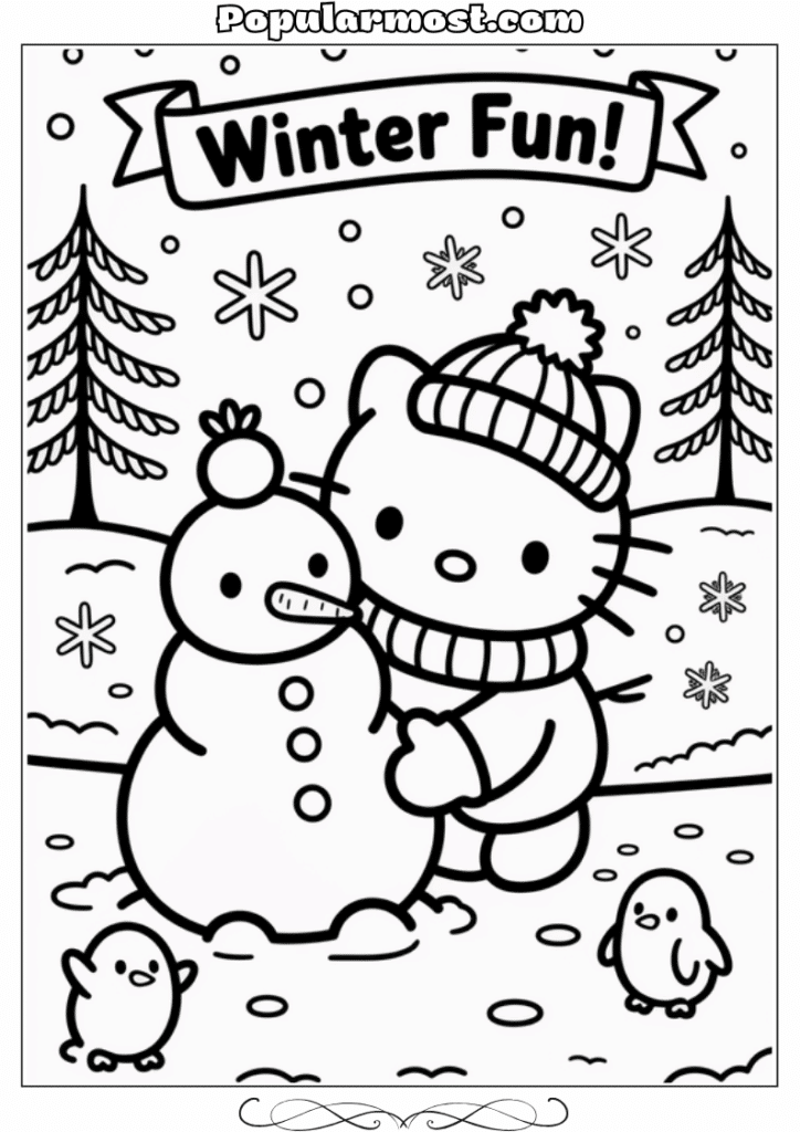 hello kitty coloring pages 7-Hello-Kitty-Coloring-Pages-–-Hello-Kitty-building-a-snowman-in-winter