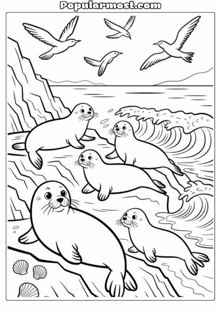 Ocean Coloring Page 7-Ocean-Coloring-Page-Seals-on-Coastal-Rocks