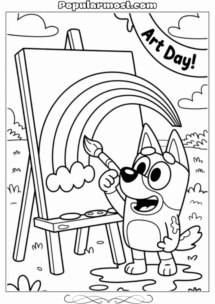 bluey coloring pages 8-Bluey-painting-a-rainbow-on-a-giant-easel-Bluey-Coloring-Pages