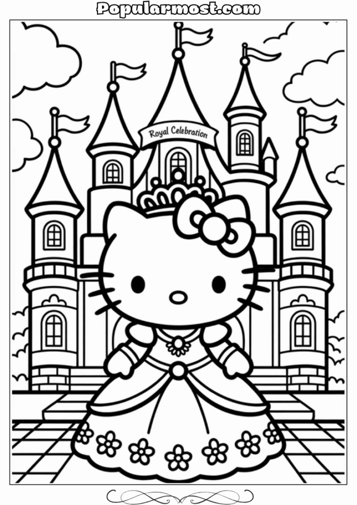 hello kitty coloring pages 8-Hello-Kitty-Coloring-Pages-–-Hello-Kitty-dressed-as-a-princess-in-a-castle