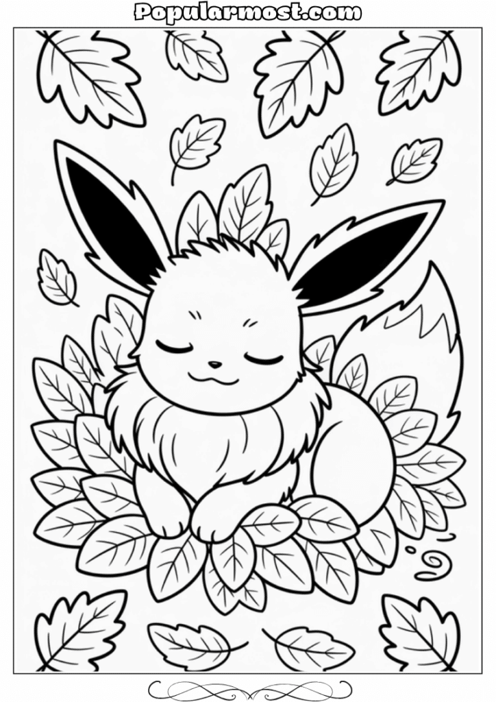 pokemon coloring pages 8-Pokemon-Coloring-Pages-Eevee-curled-up-sleeping-in-a-pile-of-leaves