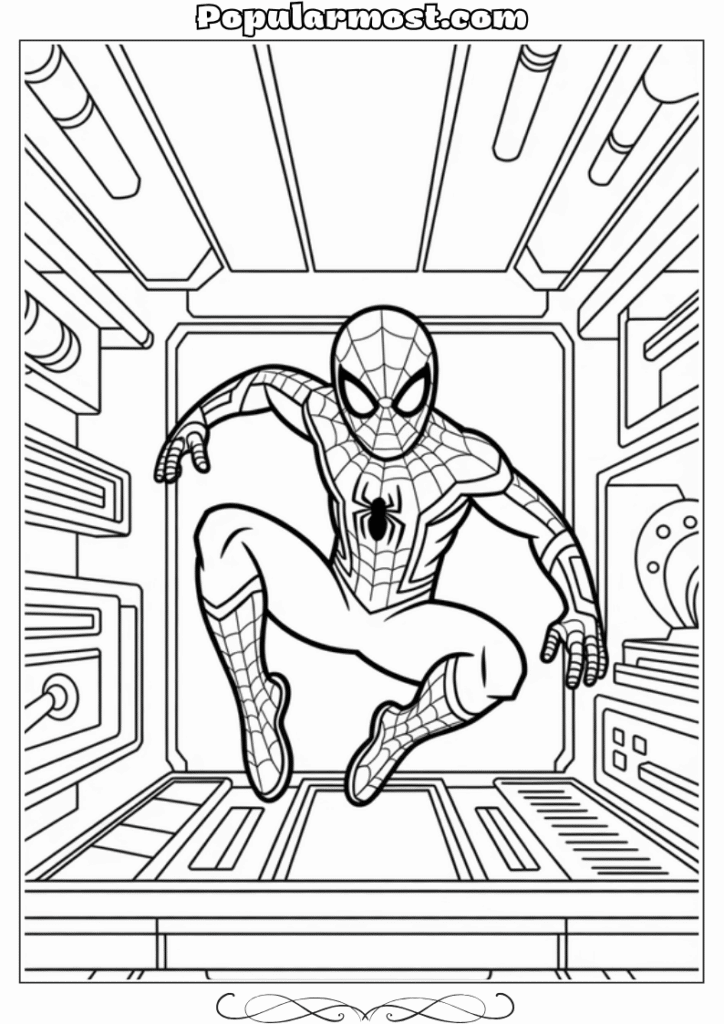 spiderman coloring pages 8-Spiderman-Coloring-Pages-Spider-Man-dodging-lasers-in-a-high-tech-lab
