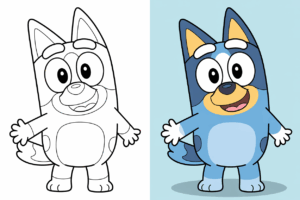 Two-panel Bluey coloring page: left shows black and white line art, right shows the same image fully colored with vibrant colors