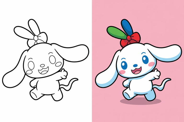 Two-panel image of Cinnamoroll holding a lollipop—left side in black and white coloring page style, right side fully colored with bright, cheerful tones.