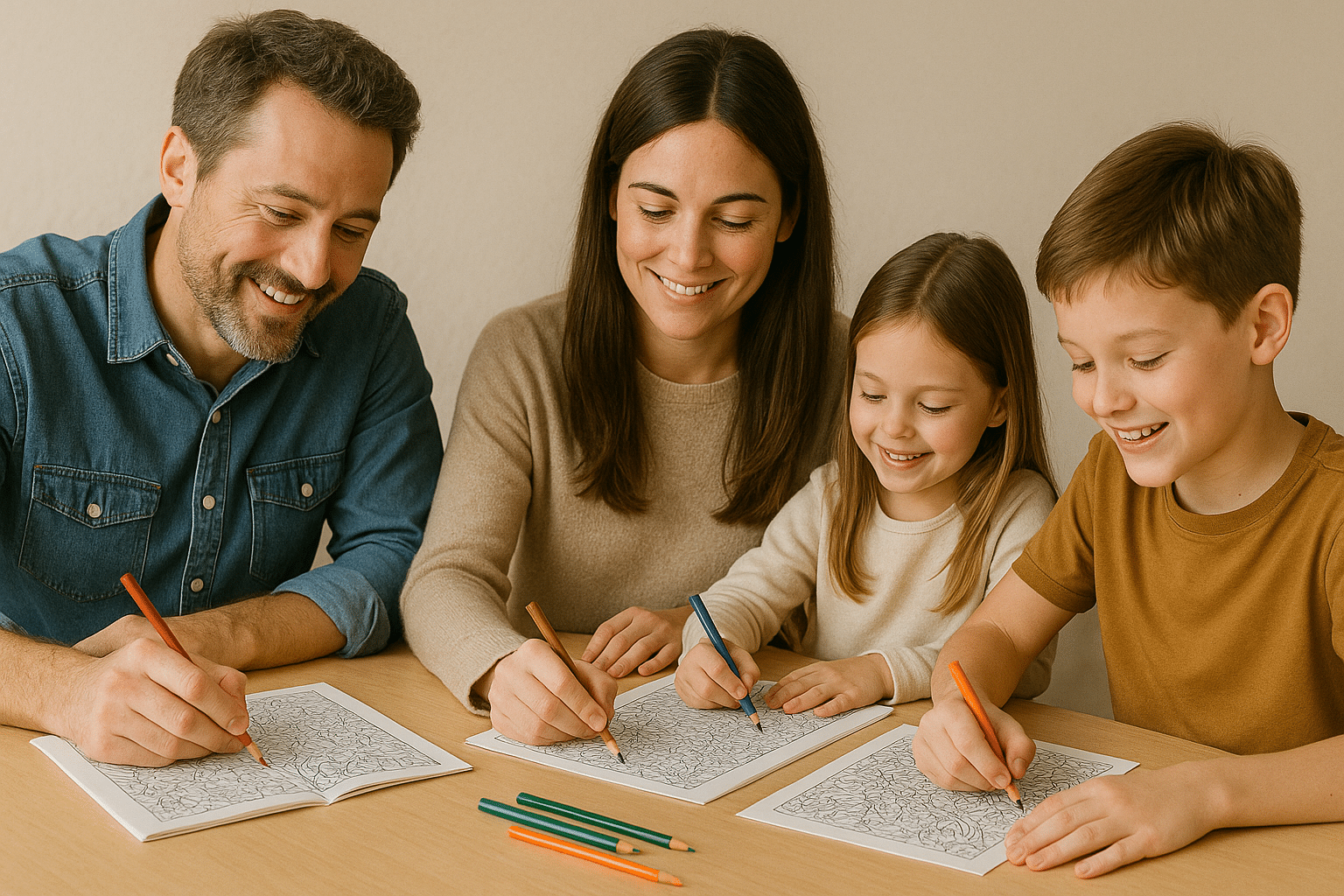 Home 1 a family of four enjoying a coloring activity together