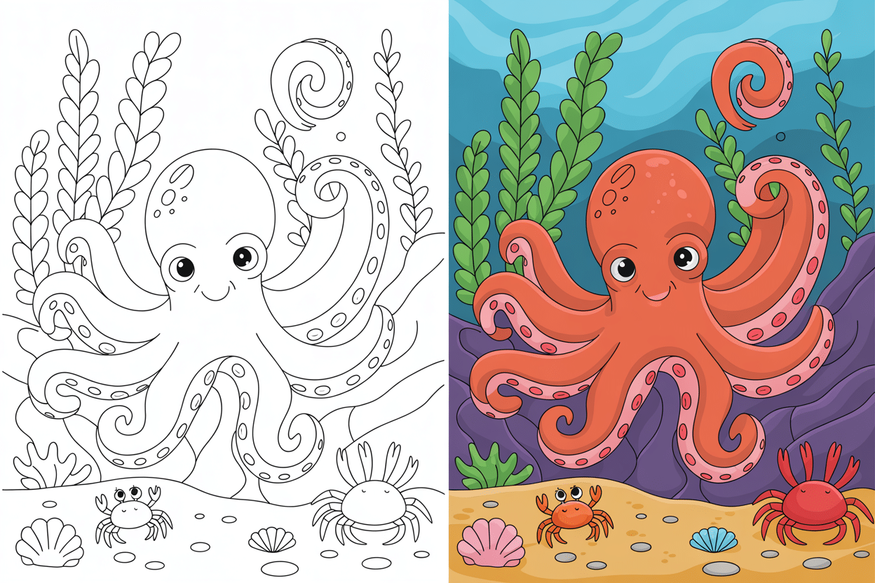 Home 7 Two-panel image of a friendly octopus hiding among underwater rocks and sea plants; left side is black and white ocean coloring page, right side is fully colored version with vibrant marine life.