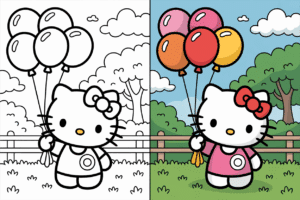 Two-panel Hello Kitty coloring page: black and white line art on left, fully colored version on right, both featuring Hello Kitty holding balloons in a park.