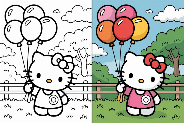 Two-panel Hello Kitty coloring page: black and white line art on left, fully colored version on right, both featuring Hello Kitty holding balloons in a park.