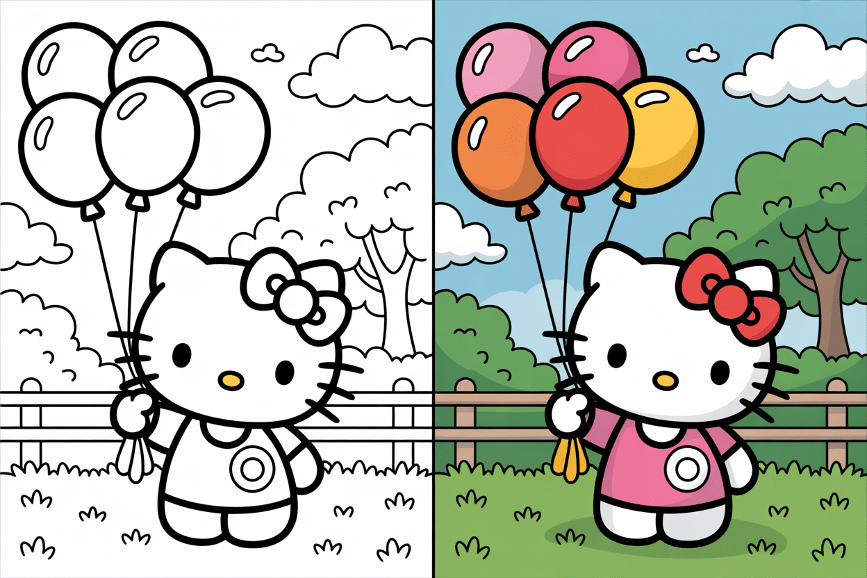 Hello Kitty Coloring Pages – 40 Free Printables for Fun & Creativity 1 Two-panel Hello Kitty coloring page: black and white line art on left, fully colored version on right, both featuring Hello Kitty holding balloons in a park.