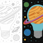 Two-panel image from the light bulb galaxy art coloring pages set, showing Saturn-like planets and orbiting moons; left panel is black and white line art, right panel is the completed colored version.