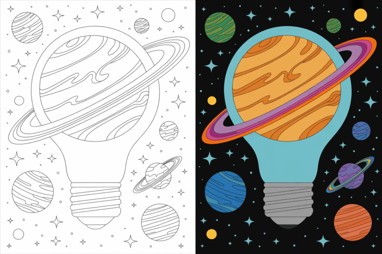 Two-panel image from the light bulb galaxy art coloring pages set, showing Saturn-like planets and orbiting moons; left panel is black and white line art, right panel is the completed colored version.