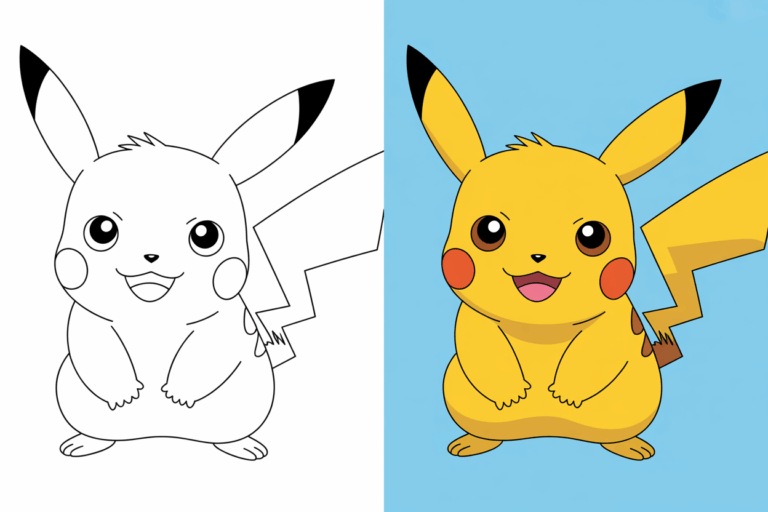 Two-panel Pikachu coloring pages – black and white line art vs. full-color version